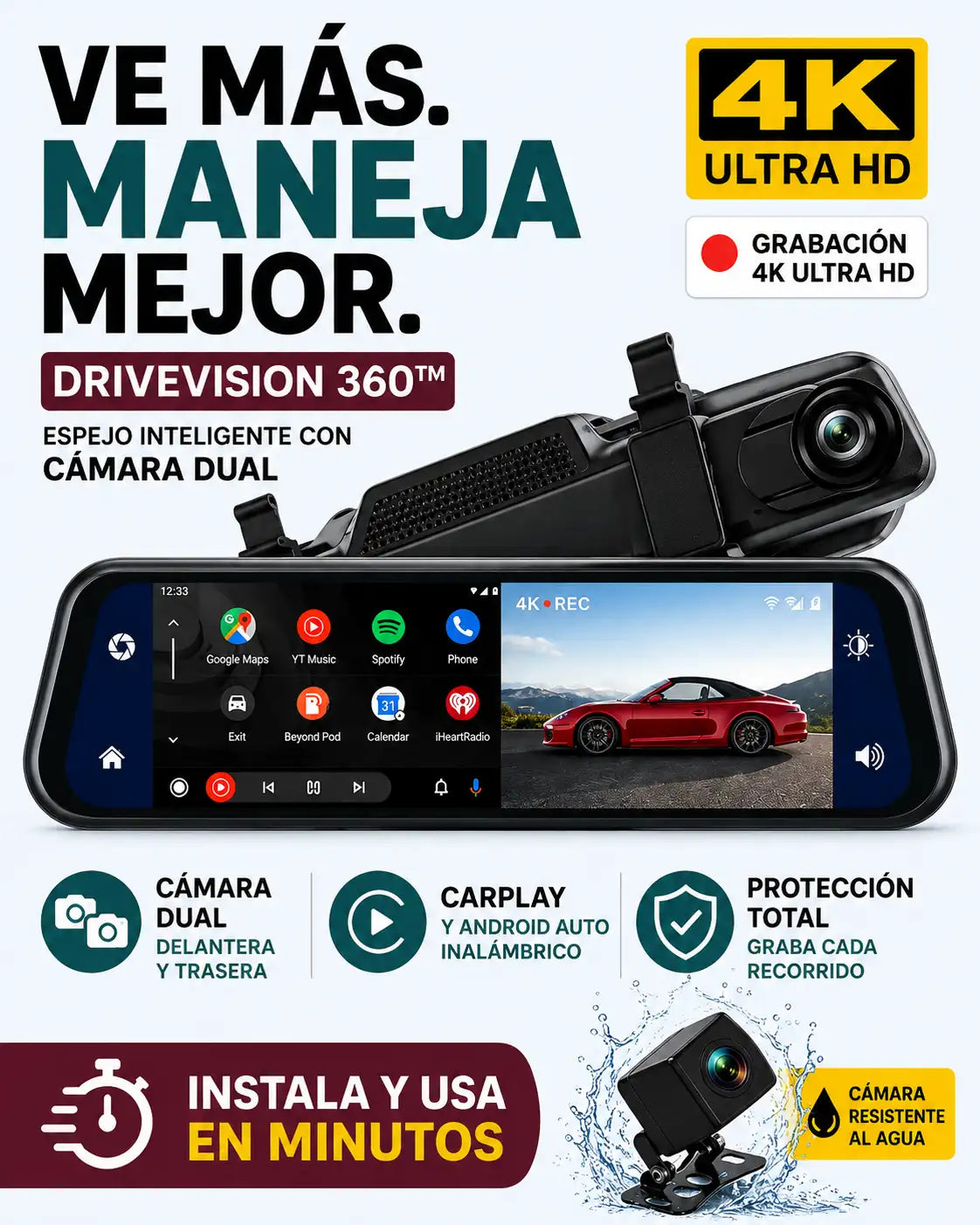 DRIVEVISION 360 | ESPEJO RETROVISOR CON CÁMARA DELANTERA Y TRASERA PARA AUTO