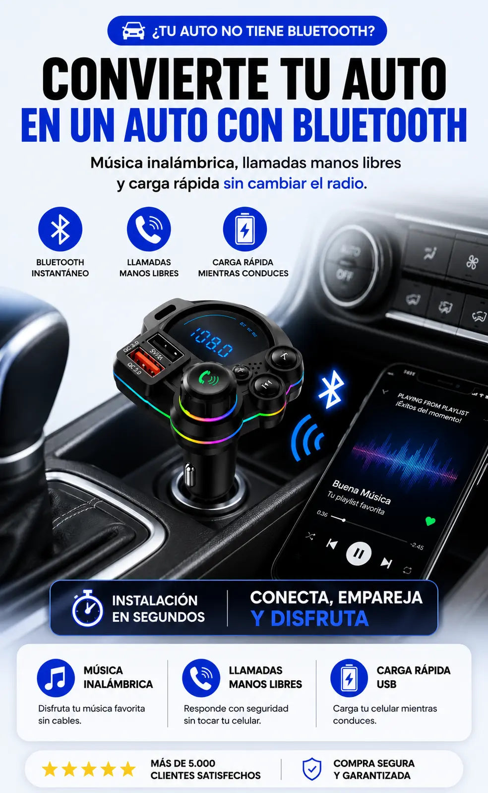 TRANSMISOR BLUETOOTH INTELIGENTE PARA AUTO™ - MÚSICA, LLAMADAS Y CARGA RÁPIDA SIN CABLES