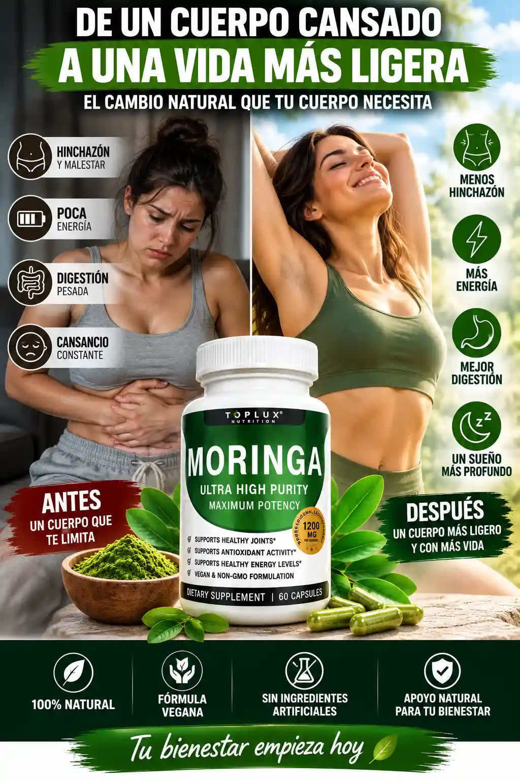 MORINGA PURA (60 CÁPSULAS) - DESINFLAMA TU CUERPO, DUERME MEJOR Y MULTIPLICA TU ENERGÍA NATURAL