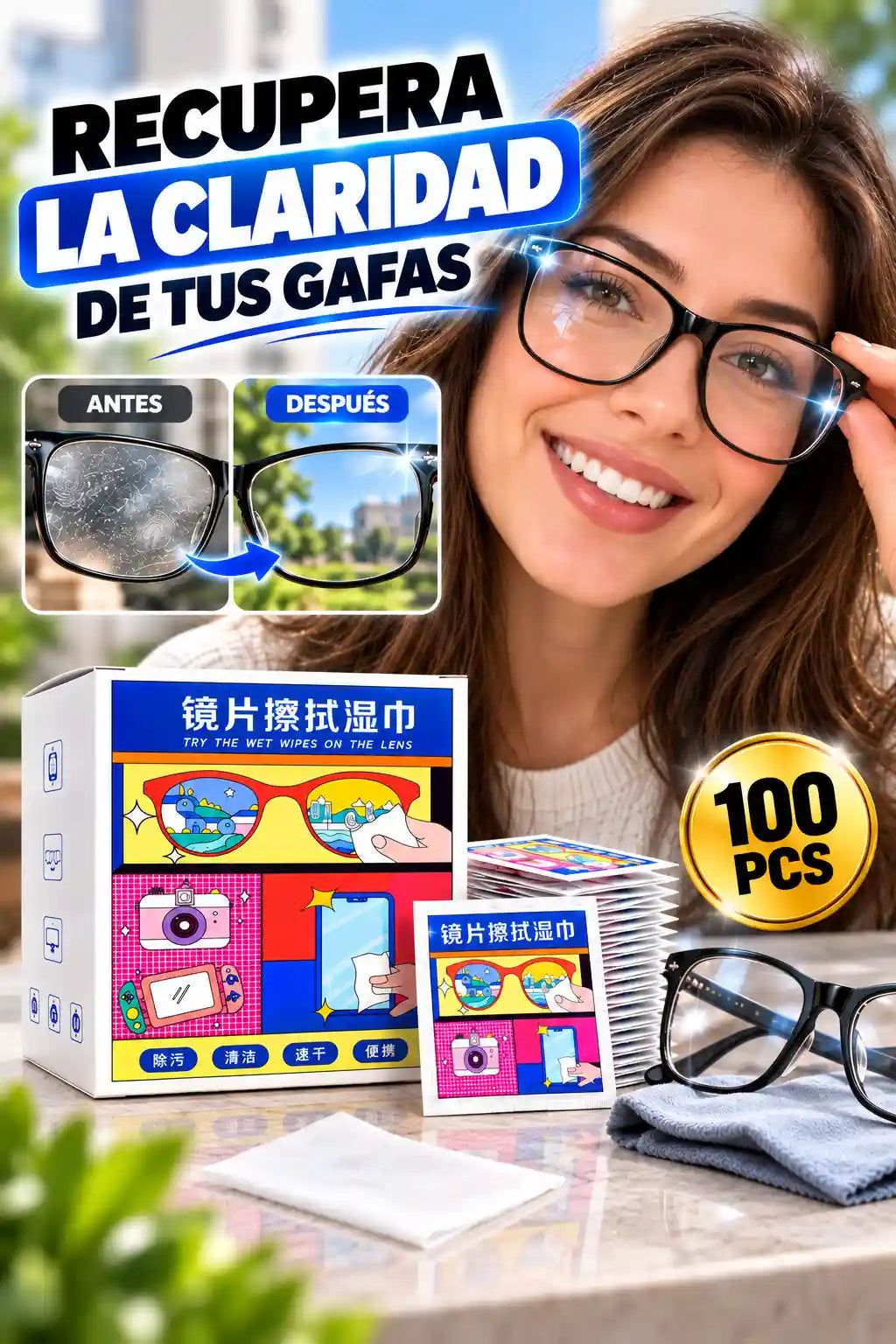 TOALLITAS REPARADORAS DE GAFAS™ – LIMPIA, DEVUELVE CLARIDAD Y AYUDA A BORRAR RAYONES | 100 PCS