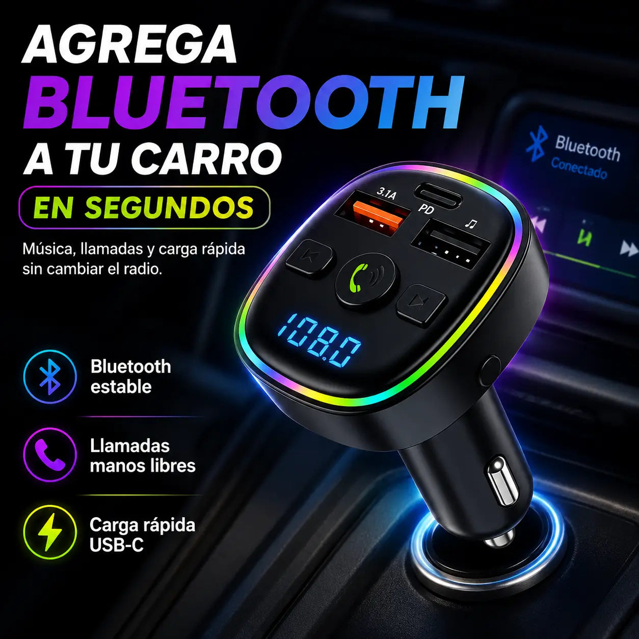 TRANSMISOR BLUETOOTH INTELIGENTE PARA AUTO™ - MÚSICA, LLAMADAS Y CARGA RÁPIDA SIN CABLES
