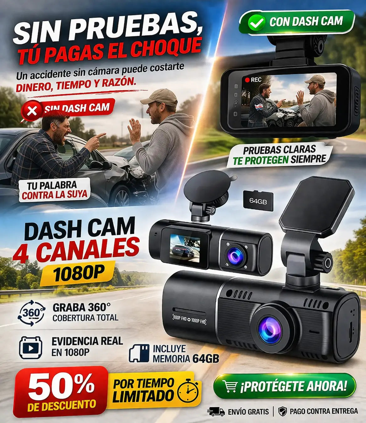 CÁMARA 360° PARA AUTO (DASH CAM) – 4 CANALES 1080P CON MEMORIA 64GB