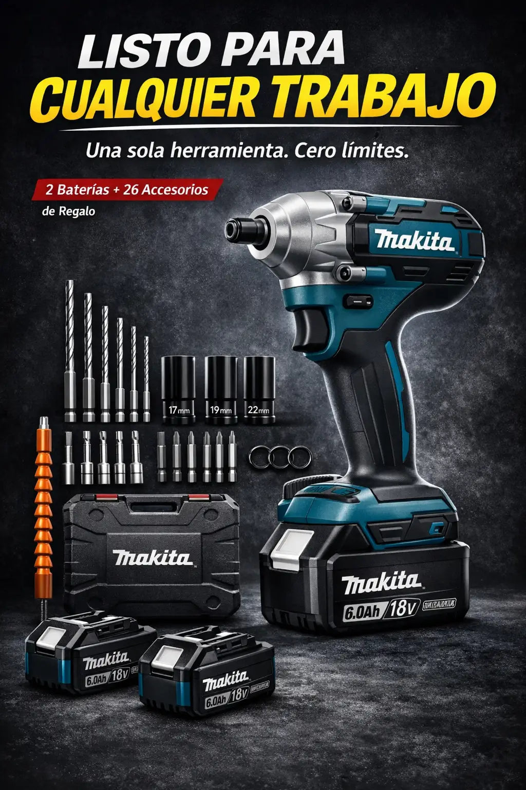 KIT PISTOLA DE IMPACTO INALÁMBRICA MAKITA + 2 BATERÍAS Y 26 ACCESORIOS DE REGALO🎁