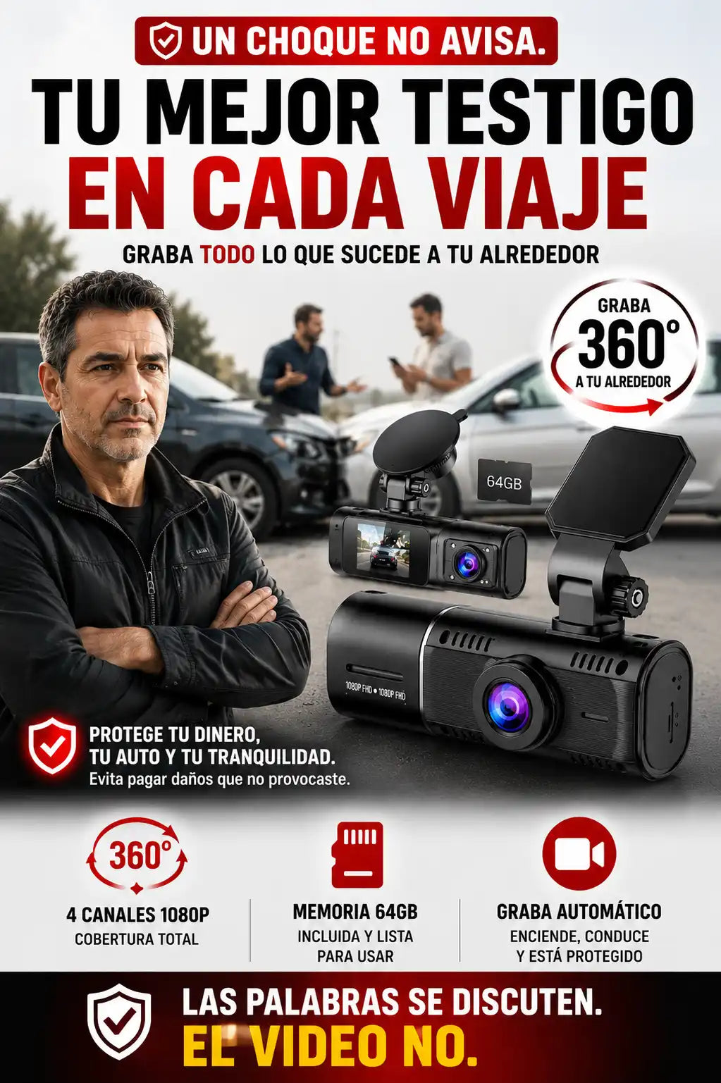 CÁMARA 360° PARA AUTO (DASH CAM) – 4 CANALES 1080P CON MEMORIA 64GB