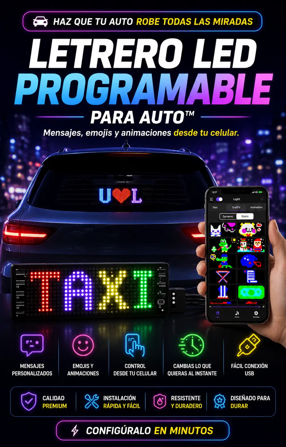 LETRERO LED PROGRAMABLE PARA AUTO™ - HAZ QUE TU AUTO ROBE TODAS LAS MIRADAS.