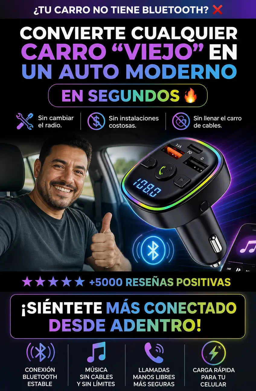 TRANSMISOR BLUETOOTH INTELIGENTE PARA AUTO™ - MÚSICA, LLAMADAS Y CARGA RÁPIDA SIN CABLES