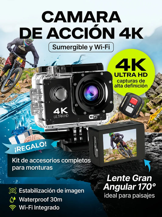 CÁMARA DEPORTIVA 1080P FULL HD – GRABA EN TIERRA Y AGUA + 12 ACCESORIOS GRATIS 🎁