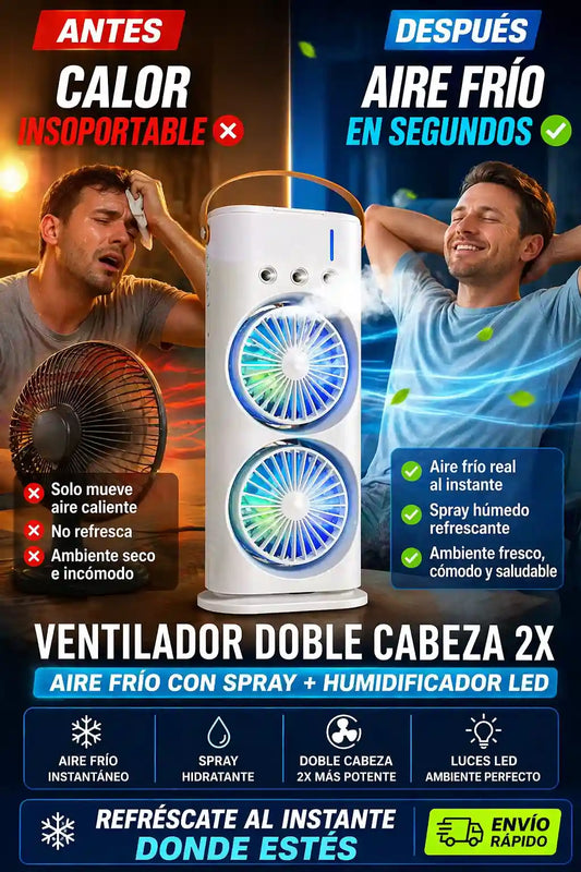 VENTILADOR DOBLE CABEZA – AIRE FRÍO CON SPRAY + HUMIDIFICADOR LED
