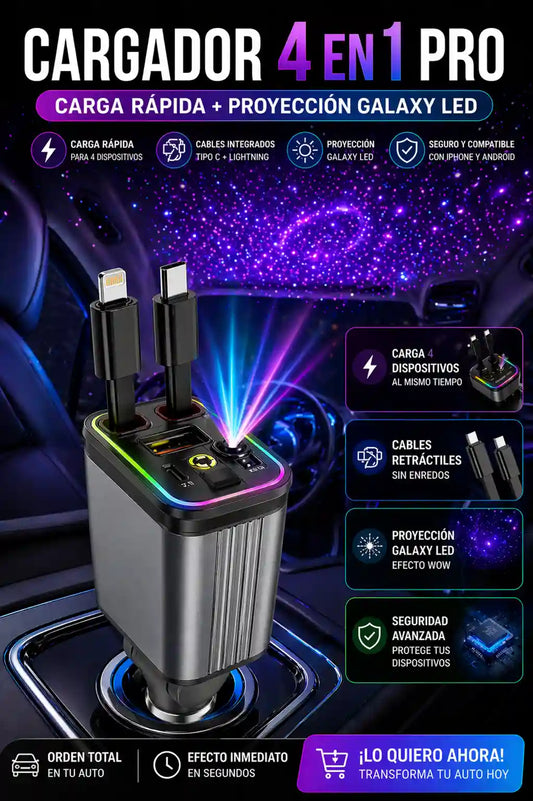 CARGADOR 4 EN 1 PRO PARA AUTO – CARGA RÁPIDA + PROYECCIÓN GALAXY LED