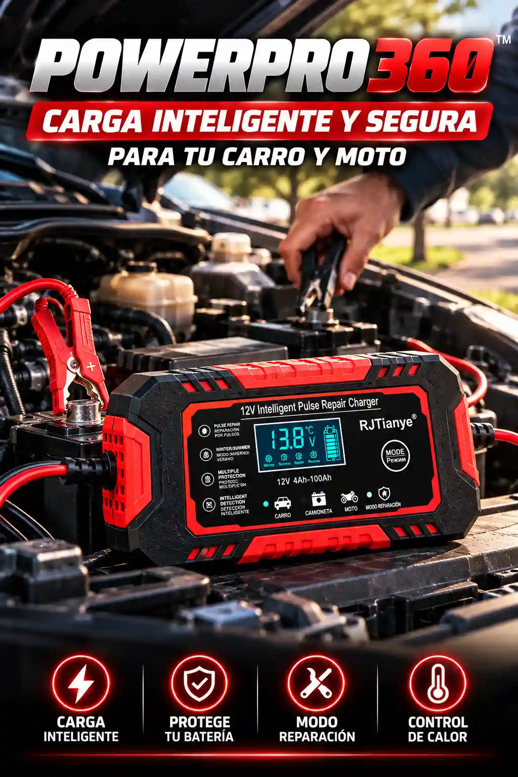 POWERPRO 360™ – CARGADOR INTELIGENTE Y REPARADOR DE BATERÍAS 12V PARA CARRO Y MOTO