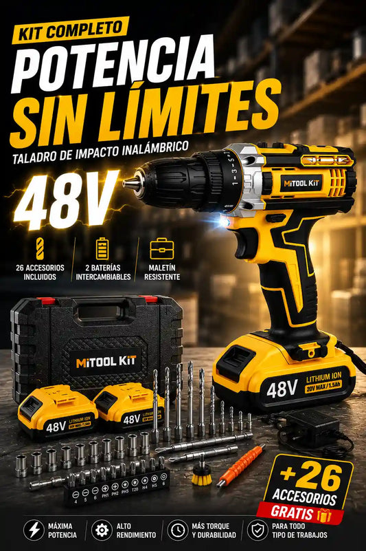 KIT TALADRO DE IMPACTO INALÁMBRICO 48 VOLTIOS + 26 ACCESORIOS + 2 BATERÍAS GRATIS 🎁