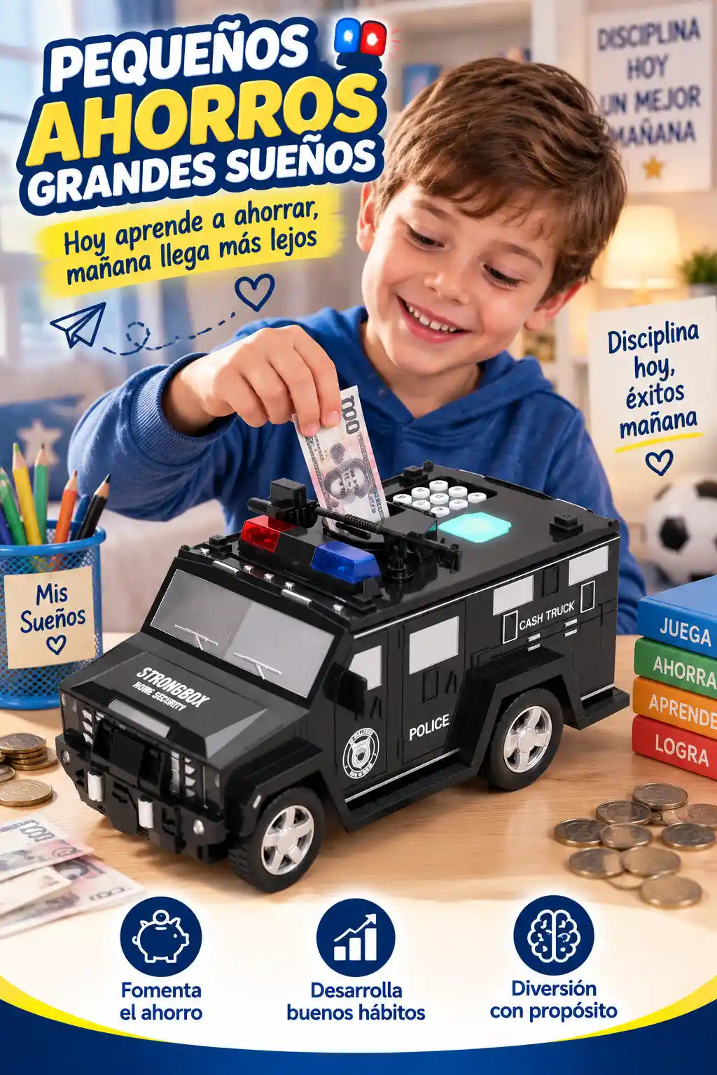 ALCANCÍA CAMIÓN BLINDADO DE POLICÍA PARA NIÑOS™  ¡QUE TU HIJO APRENDA A AHORRAR JUGANDO!