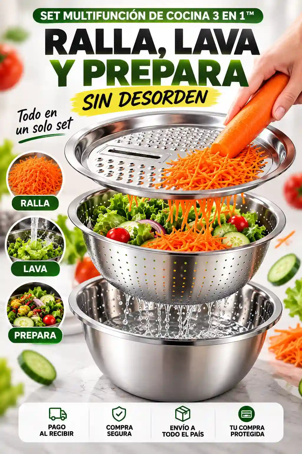 SET MULTIFUNCIÓN DE COCINA 3 EN 1™ - RALLA, LAVA Y PREPARA SIN DESORDEN