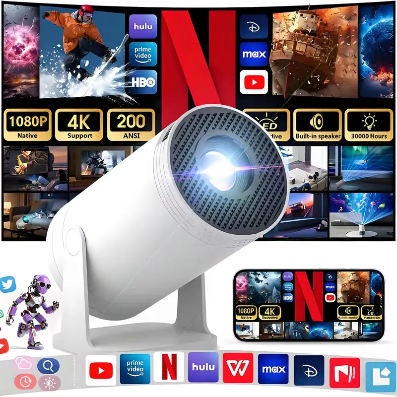 MINI PROYECTOR PORTÁTIL 4K – CONVIERTE CUALQUIER PARED EN CINE