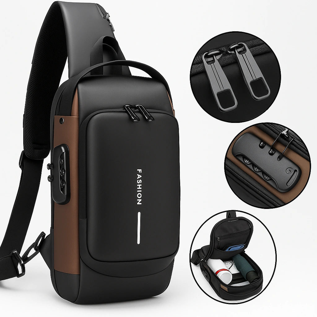 BOLSO MANOS LIBRES ANTIRROBO, CARGA USB, IMPERMEABLE