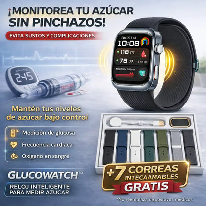 GLUCOWATCH™ RELOJ INTELIGENTE: CONTROLA GLUCOSA, RITMO CARDÍACO Y PRESIÓN ARTERIAL + 7 CORREAS INTERCAMBIABLES DE REGALO 🎁